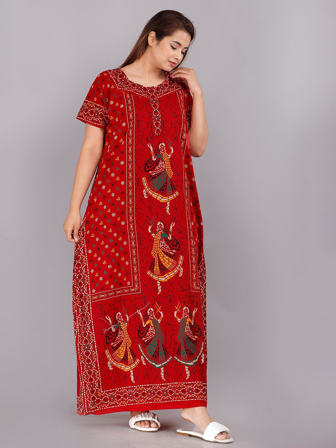 PR PINK ROYAL Ethnic Motifs Printed Pure Cotton Maxi Nightdress