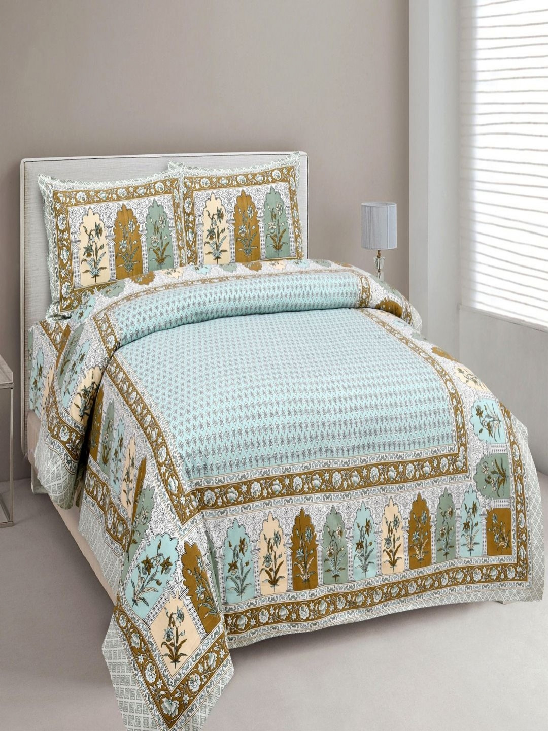 Myntra Elegant Homes Traditional Turquoise Blue Ethnic Motifs Pure Cotton 180 TC King Fine Bedsheet with 2 Pillow Covers-108 x 100 inches