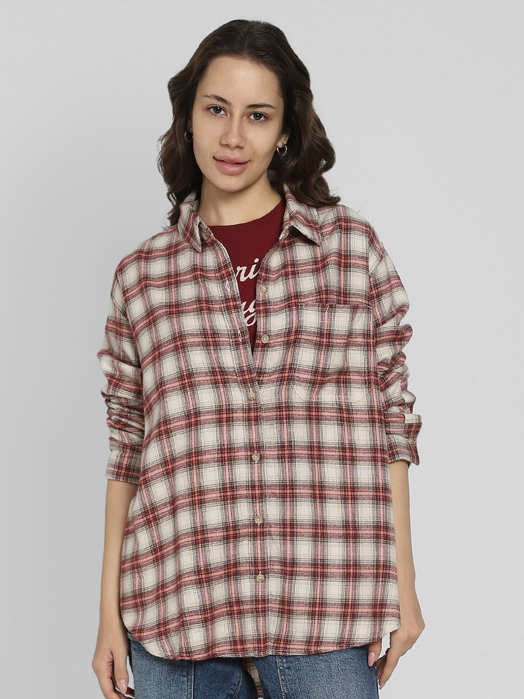 AMERICAN EAGLE OUTFITTERS Women Oversized Fit Tartan Checked Cotton Casual Shirt