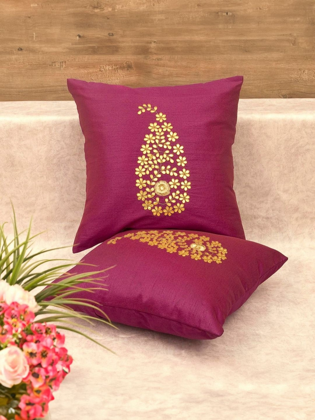 RoyalDeco Magenta And Gold-Toned 2 Pieces Floral Embroidered Silk Square Cushion Covers