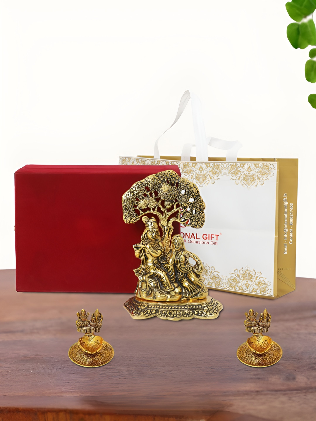 INTERNATIONAL GIFT Radha Krishna Idol with Diya, Box and Carry Bag Gold Metal Metallic Prayer Room Set of 3 Medium Showpieces - 3.5 Inches