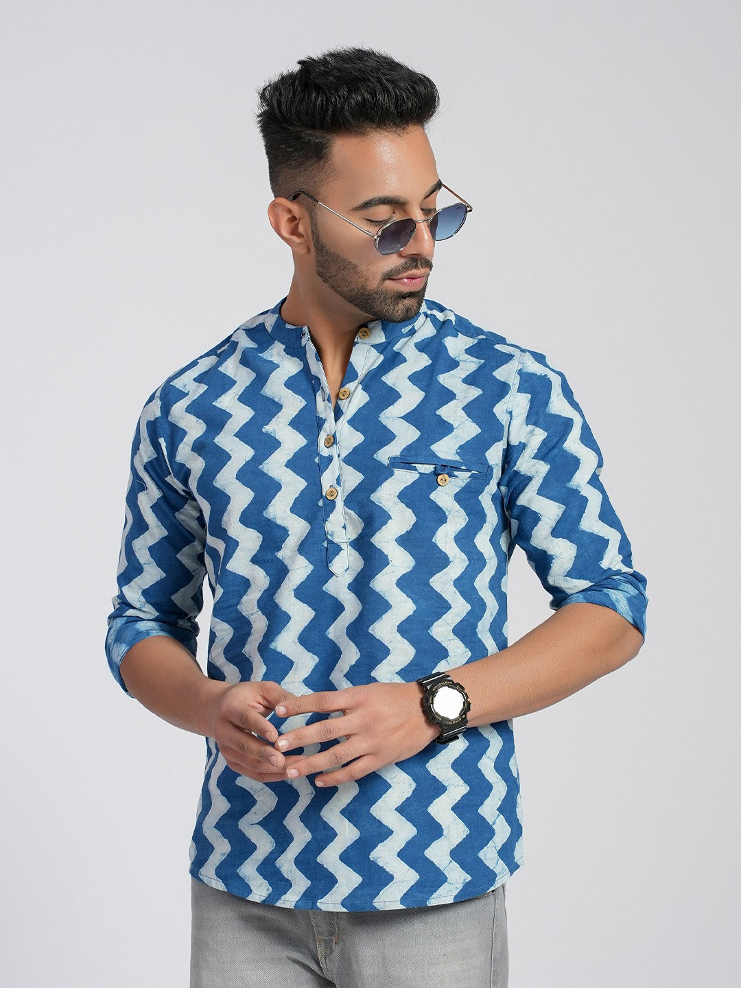 Cotton Curio Men Comfort Fit Band Collar Chevron Striped Cotton Casual Shirt