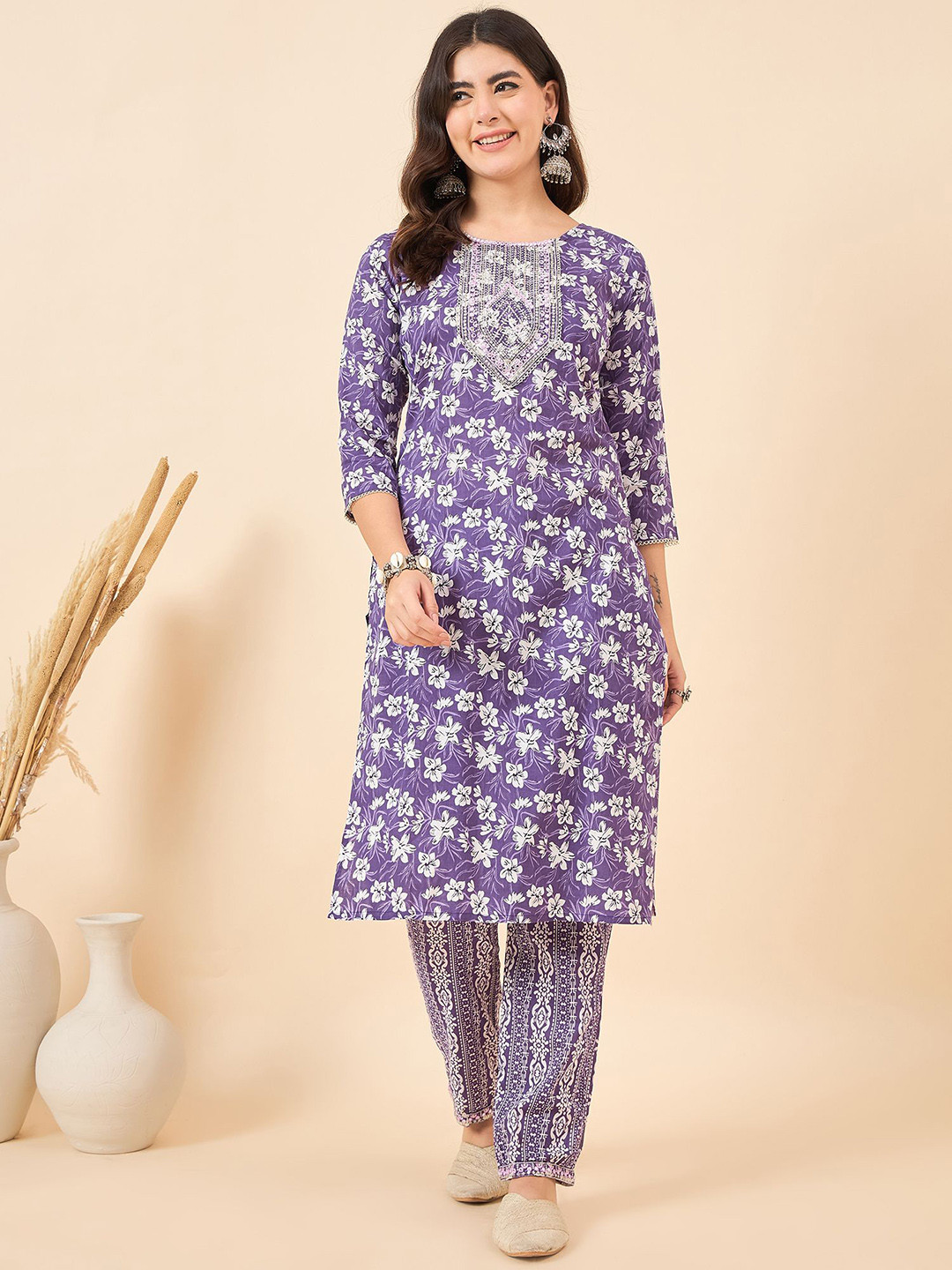 Anouk Purple And White Floral Printed Round Neck Pure Cotton Kurta With Trouser