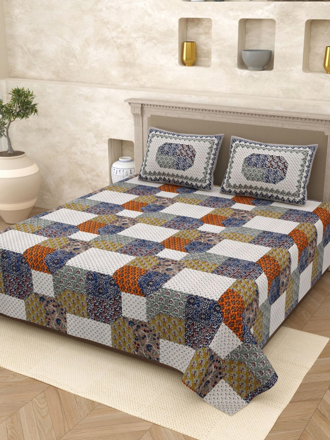 Myntra Elegant Homes Opulent Collection White Ethnic Motifs Pure Cotton 210 TC King Fine Bedsheet with 2 Pillow Covers-87 x 93 inches