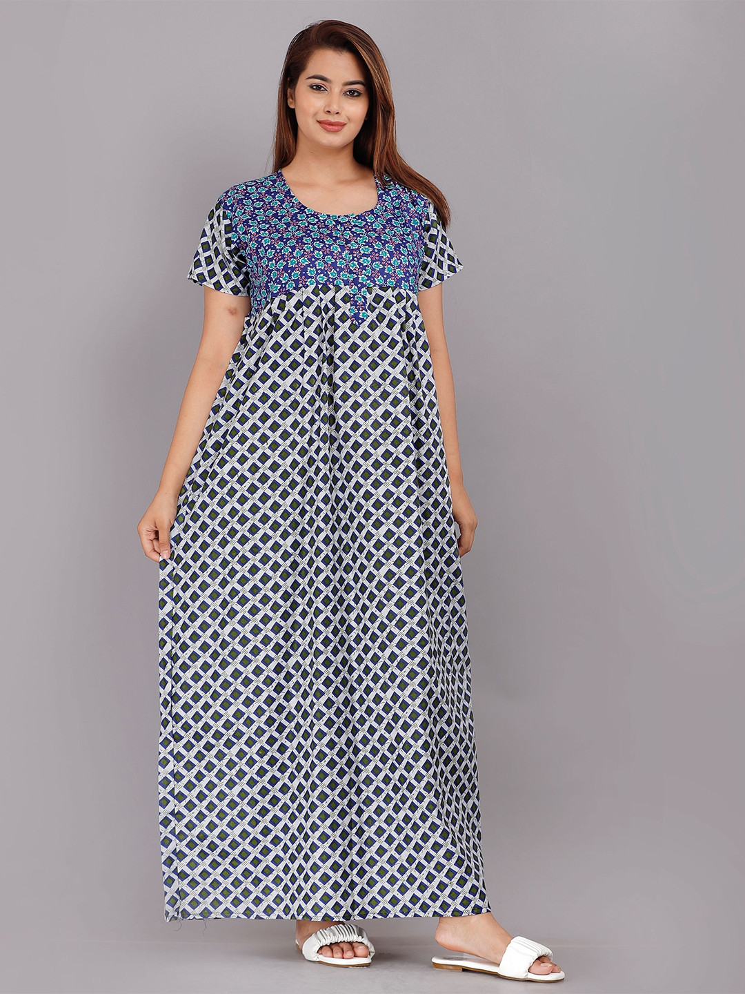 PR PINK ROYAL Women Round Neck Short Sleeves Maxi Nightdress