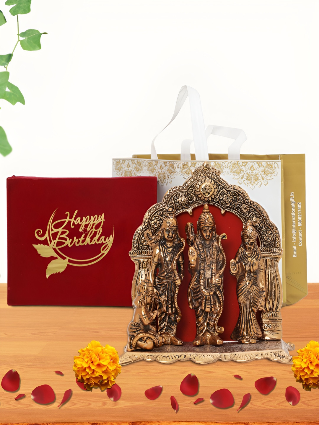 INTERNATIONAL GIFT Ram Darbar with Box, Bag and 'Happy Birthday' Personalized Tag Copper Metal Metallic Prayer Room Large Showpiece - 9.5 Inches