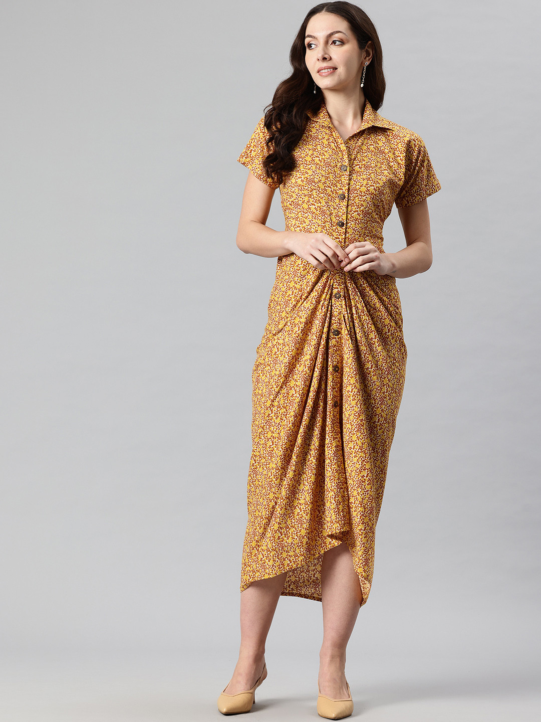 Cottinfab Floral Printed Asymmetrical Hem Shirt Midi Dress with Pleated Detail