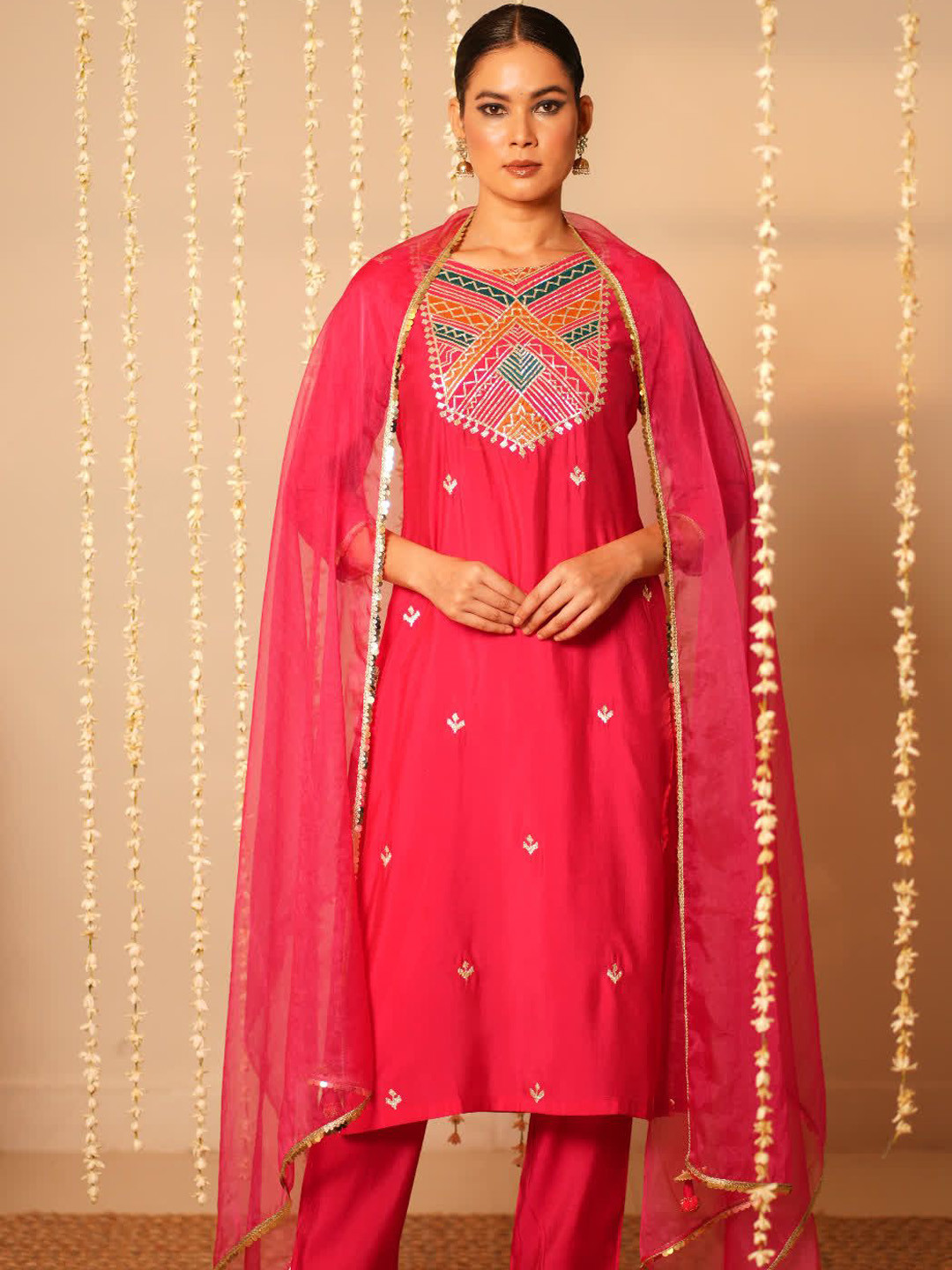 Sangria Magenta Geometric Yoke Design Modal Chanderi Kurta With Trousers & Dupatta