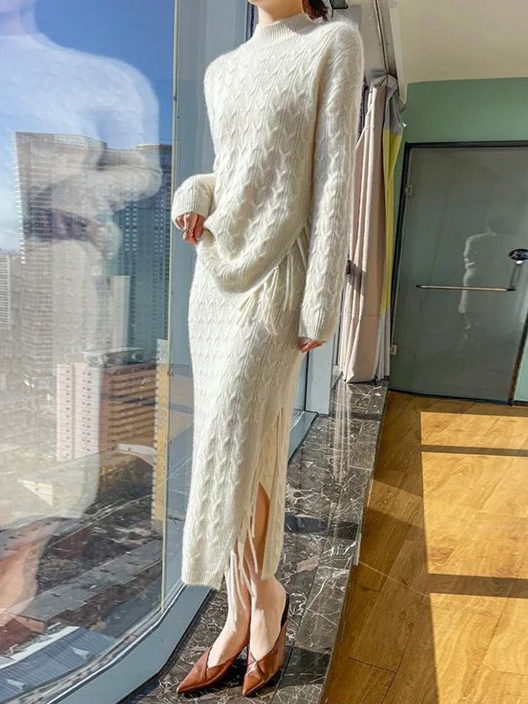 Miss Mosa By Akanksha  Beige Jiah Winter Pure Wool Co-Ord Set - Set Of Sweater And Skirt