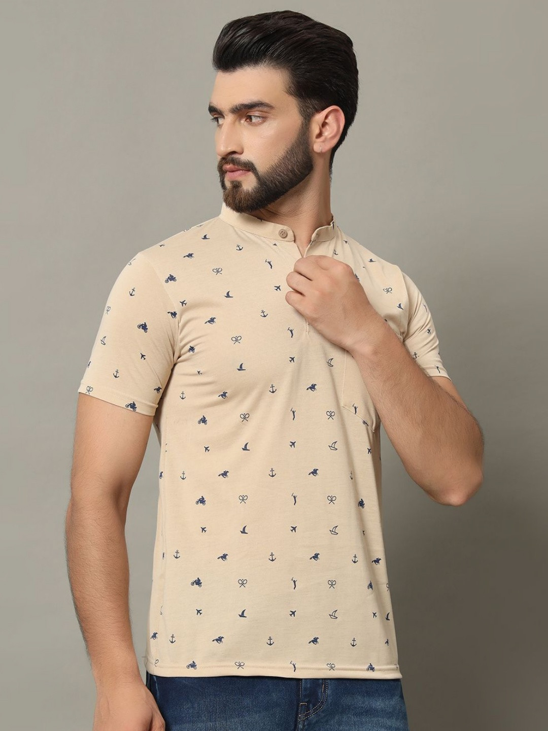 RELANE Men Conversational Printed Mandarin Collar Cotton T-shirt