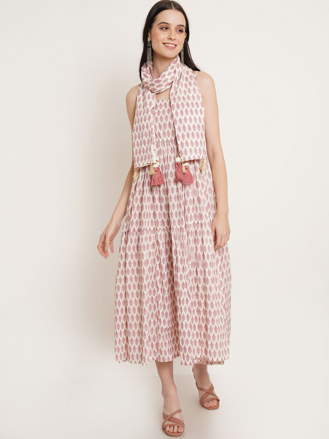 JAPER KURTI Ethnic Motifs Printed Cotton Fit and Flare Midi Dress With Scarf