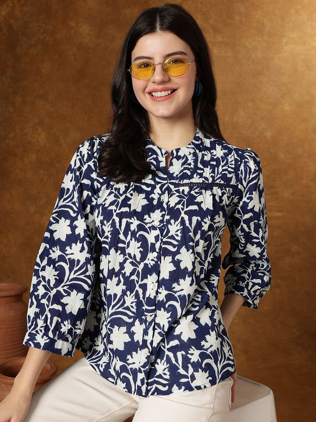 JANAKDULARI CREATION Women Floral Printed Puff Sleeve Cotton Shirt Style Crop Top