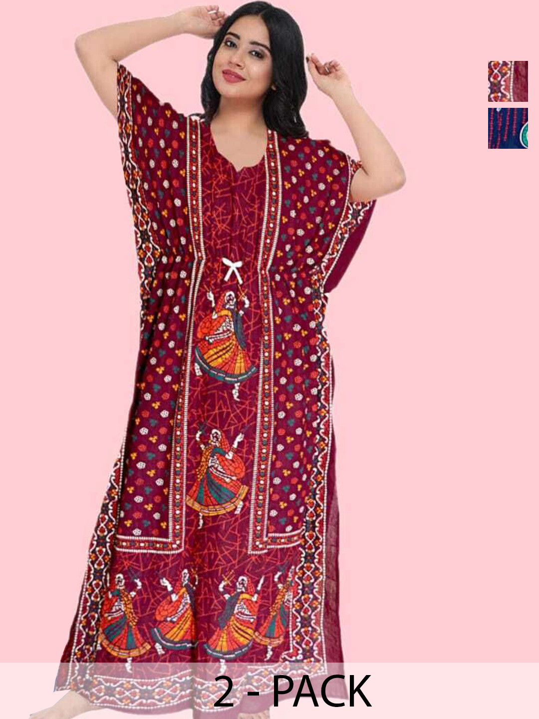 PR PINK ROYAL Pack Of 2 Kaftan Kalamkari Printed Maxi Nightdress