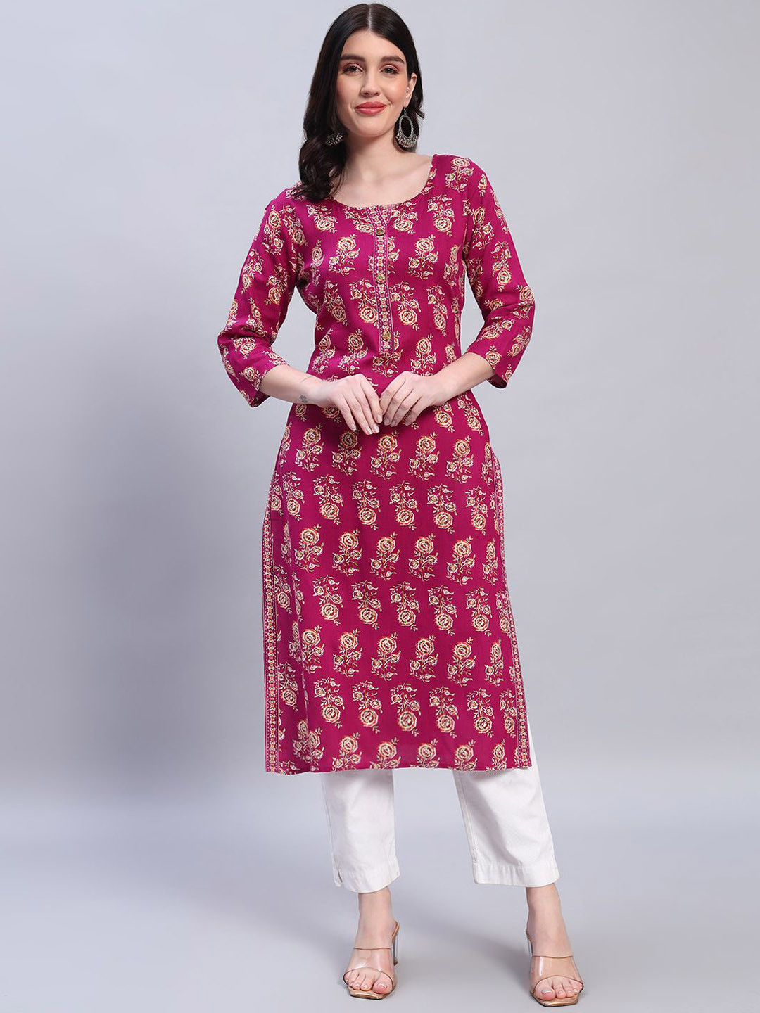 GREYSHADE Floral Printed Notch Neck Straight Kurta