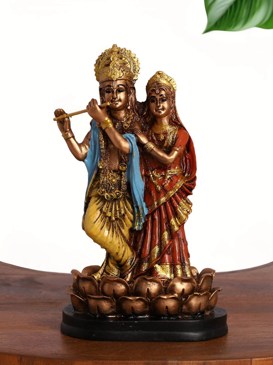 INTERNATIONAL GIFT Radha Krishna with Flute on Lotus Brown Polyresin Natural Home Office Small Showpiece - 5 Inches