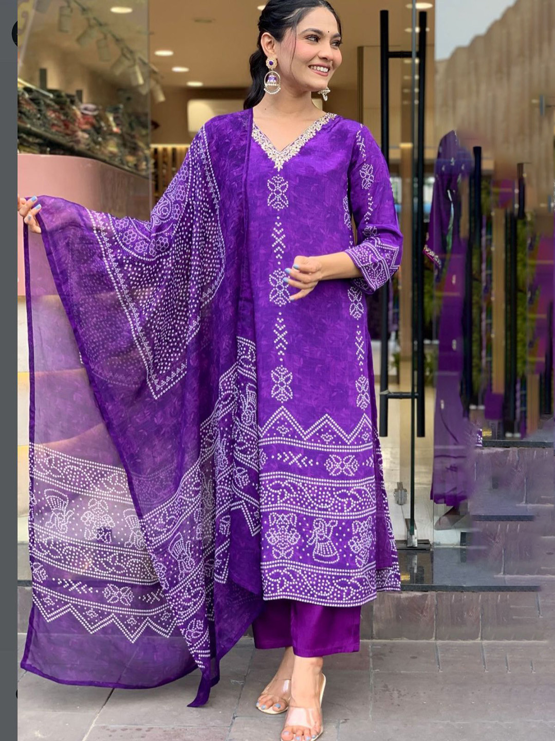 OXIT CLASS Bandhani Printed V-Neck Gotta Patti Straight Kurta With Trousers & Dupatta