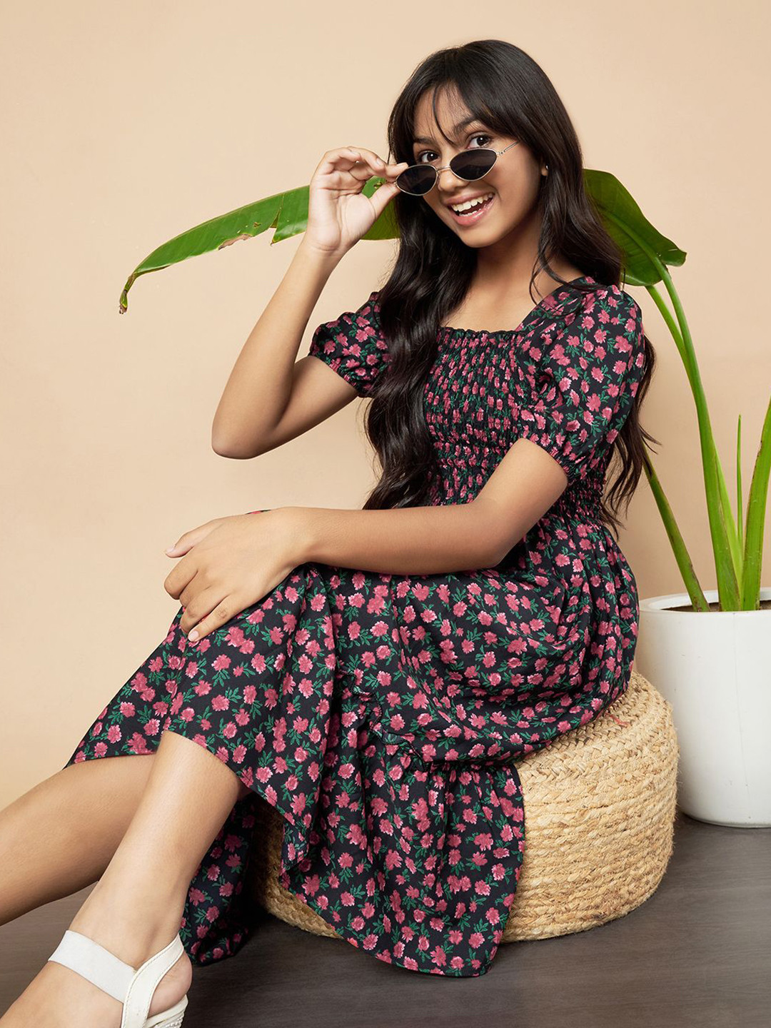 ZWERLON Girls Floral Printed Square Neck Puff Sleeve Fit and Flare Midi Dress