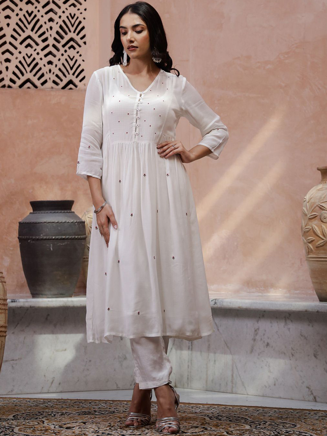Sangria Off White Embroidered Silk Blend V-Neck Anarkali Kurta With Trousers