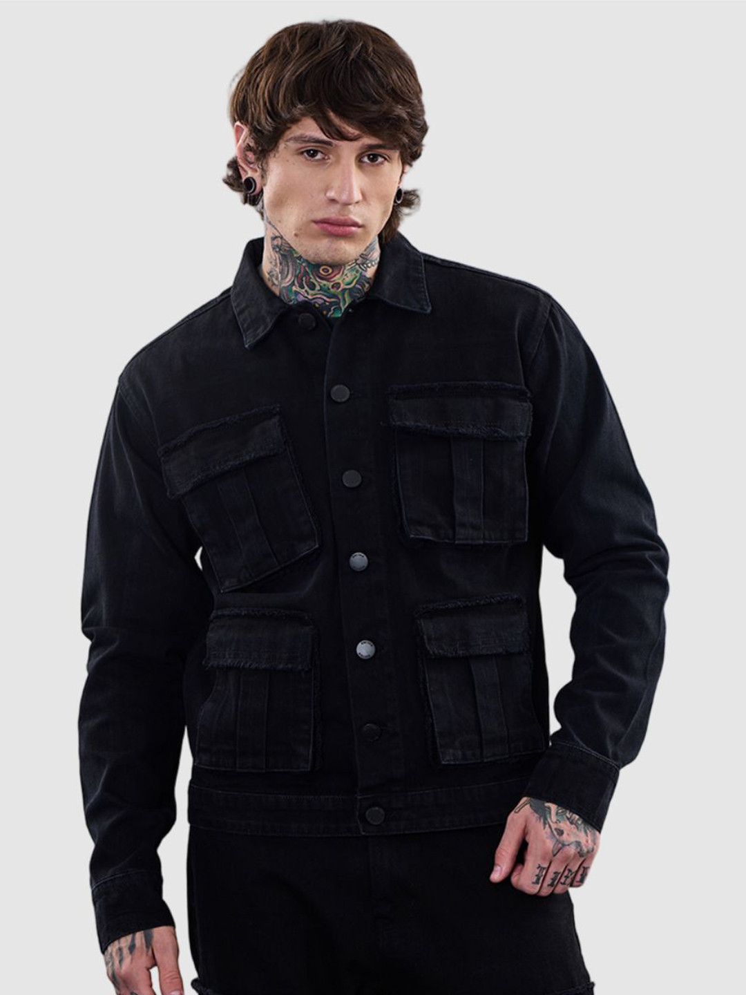 Snitch Men Revolution Solid Pure Cotton Utility Pockets Denim Jacket