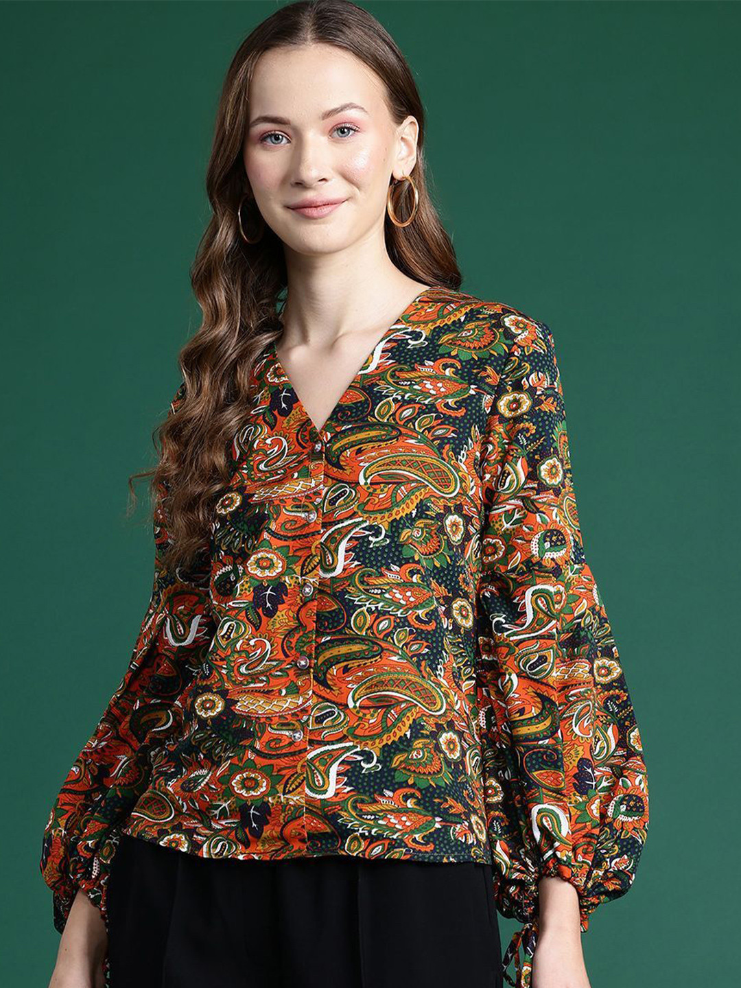 DressBerry Women's Printed Puff Sleeve Crepe Shirt Style Top