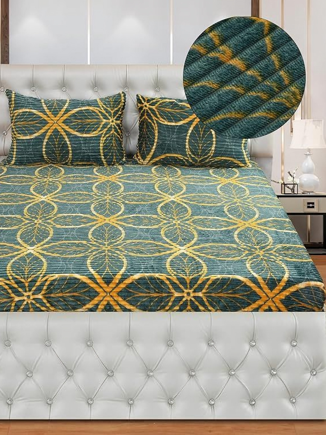 MORADO Teal Floral Wool 210 TC Fitted Double Bedsheet with a Pillow Cover-36 x 72 inches