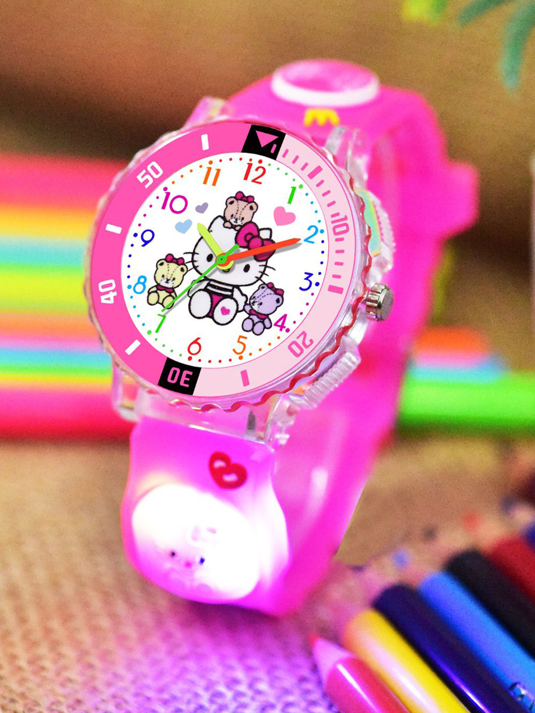 Shocknshop Girls Printed Dial & Straps Analogue Reset Time Watch 334 Kitty DarkPink