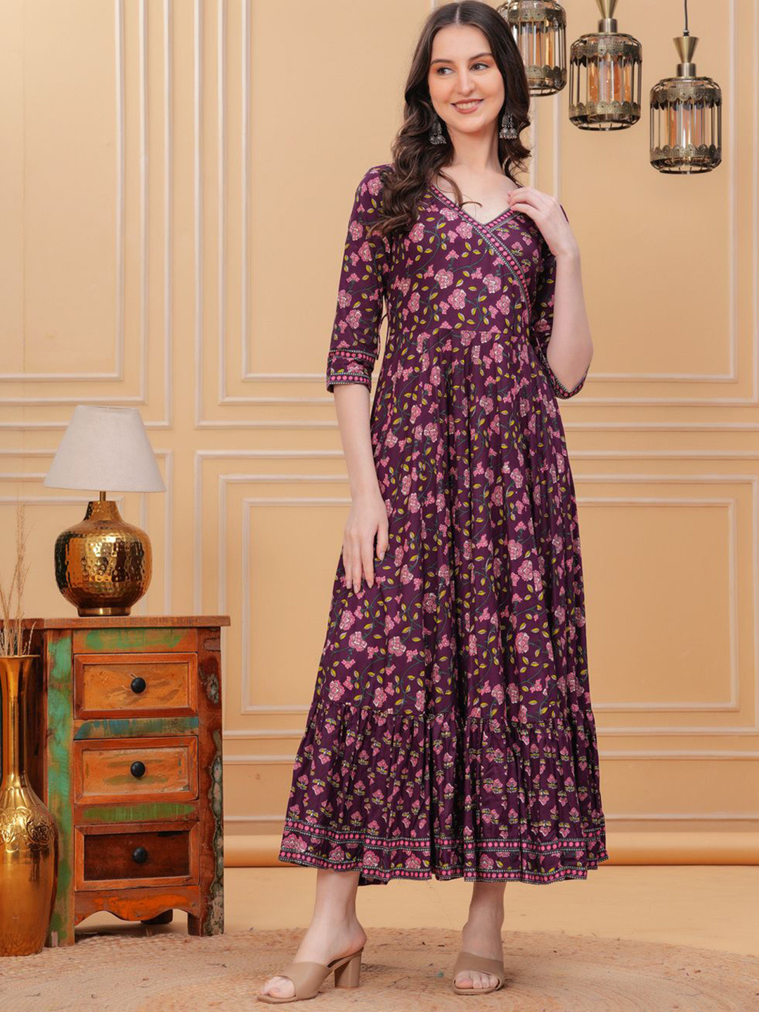 Da Vastraagaar Ethnic Motifs Printed V-Neck Pure Cotton Angrakha Kurta