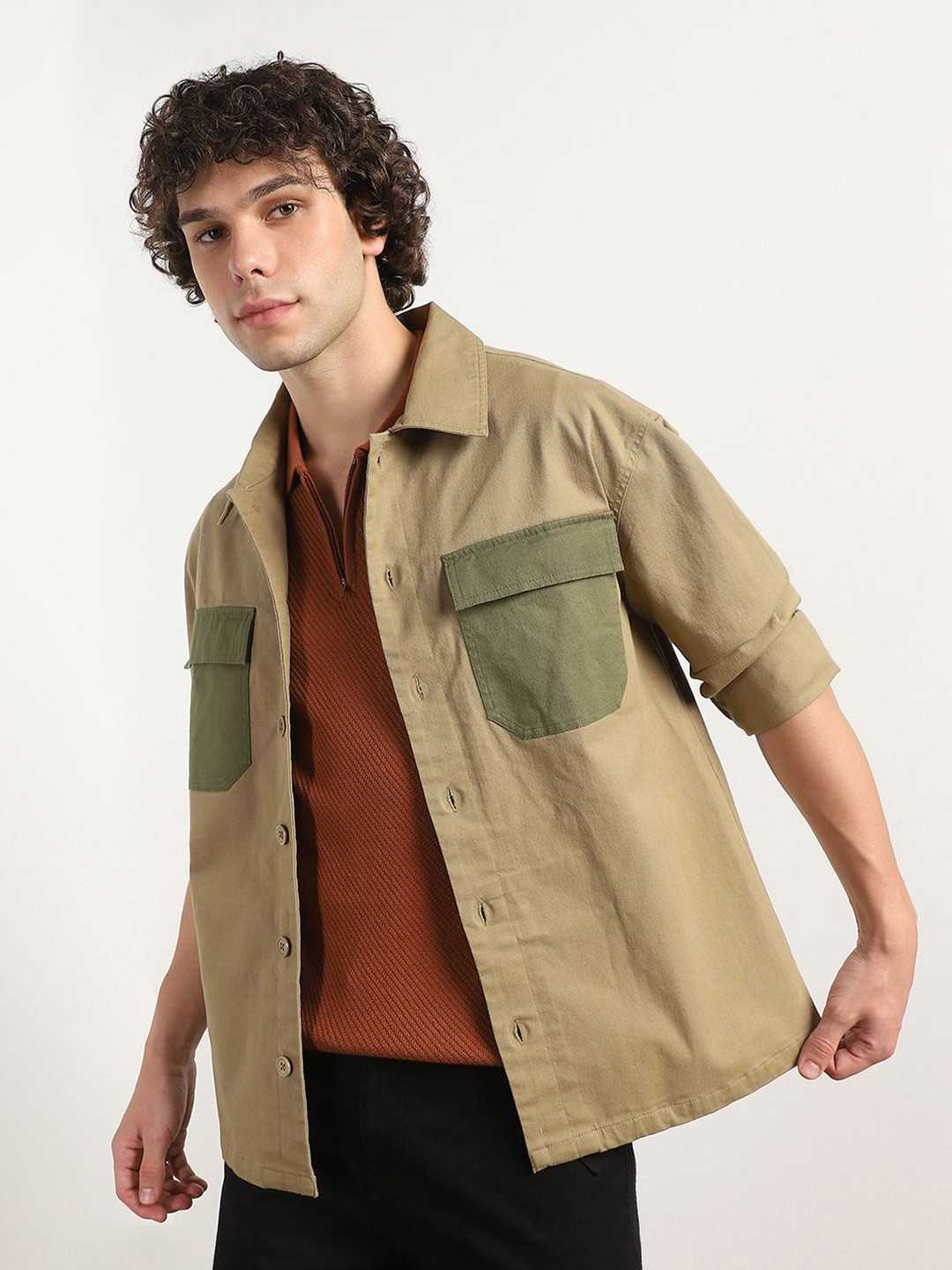 NOBERO Colourblocked Pure Cotton Relaxed Fit Shacket