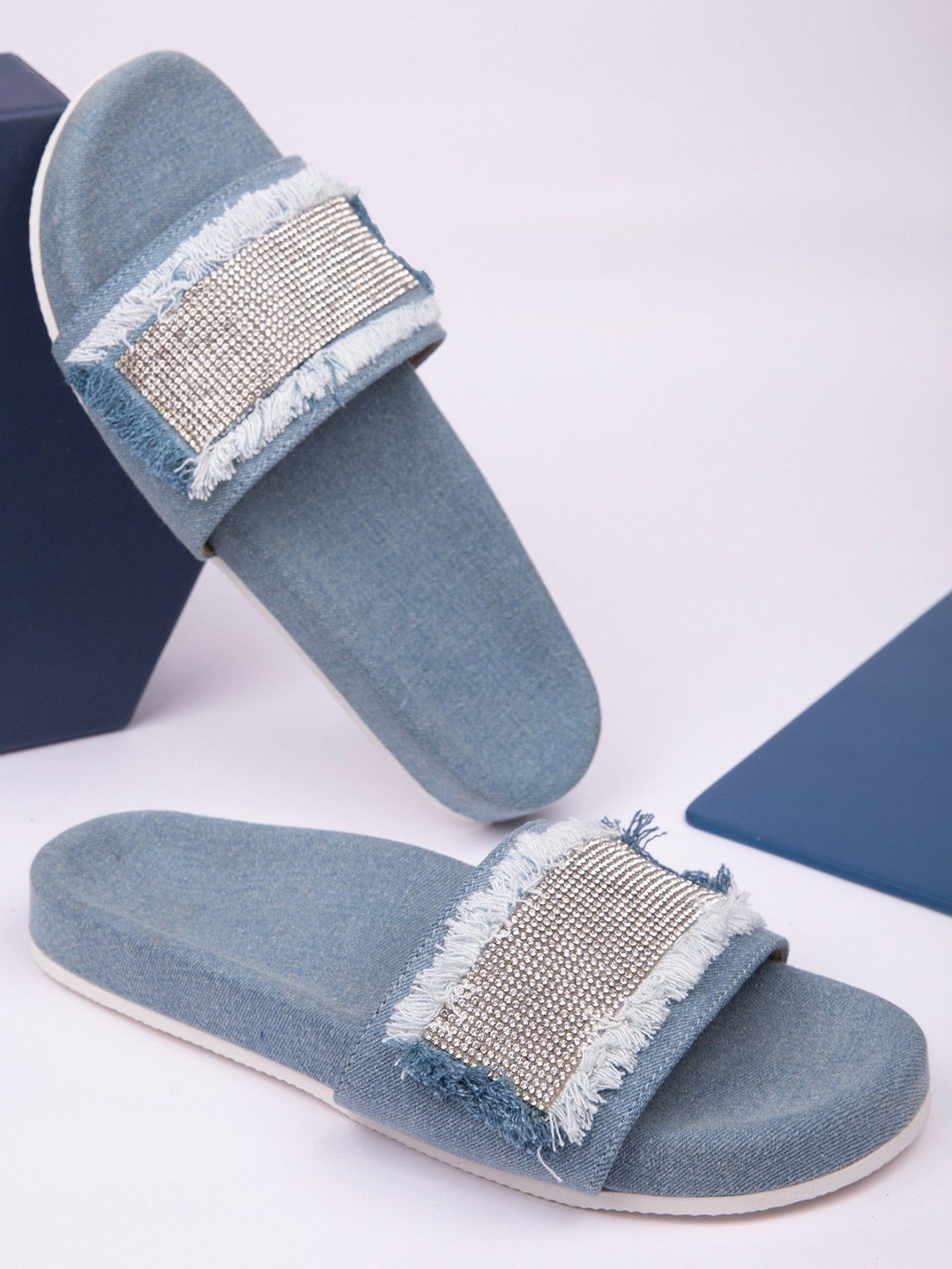 Schon Zapato Women Embellished Open Toe Denim Rhinestone Flats