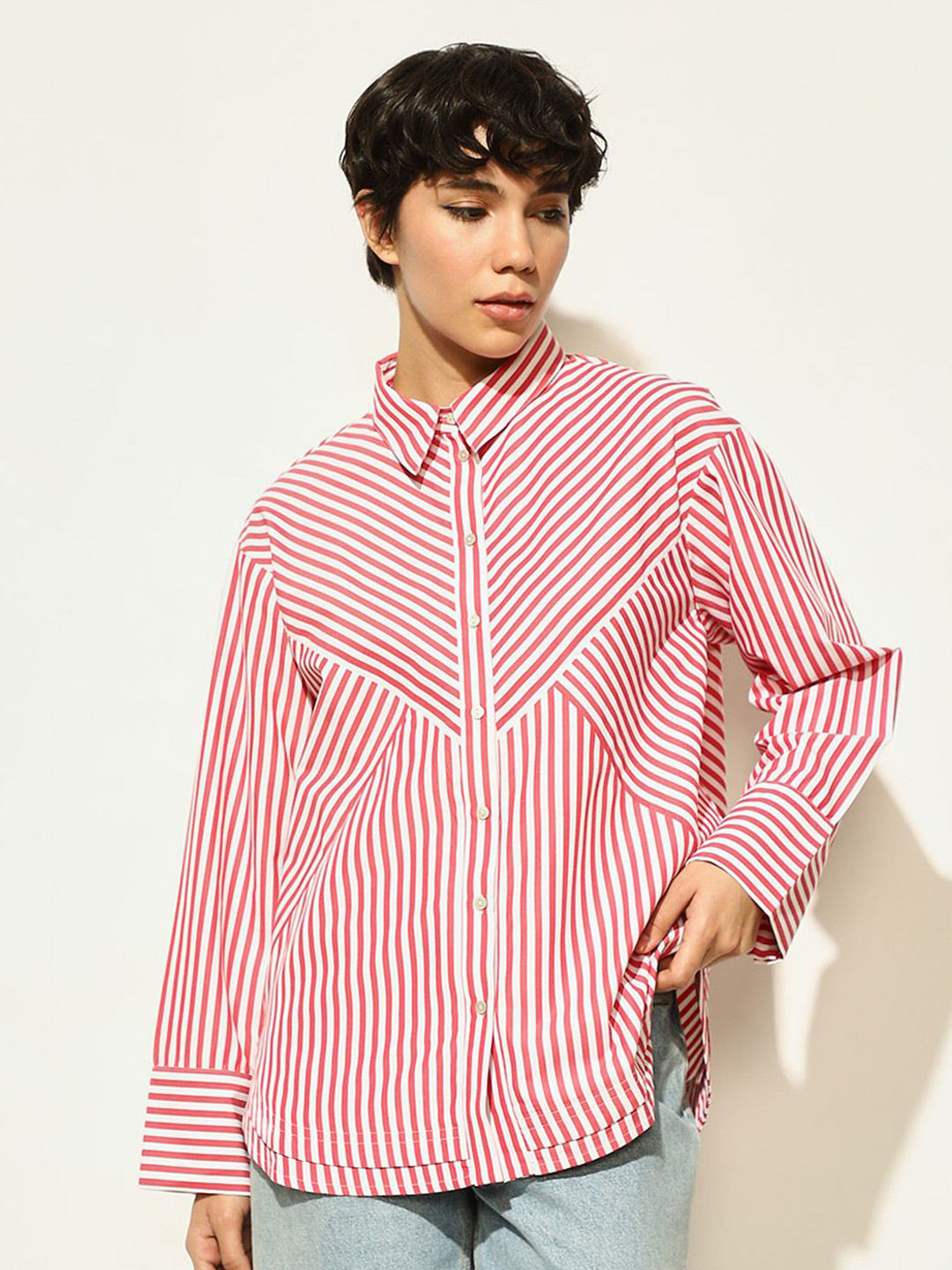 ONLY Women onlRICHY Relaxed Fit Spread Collar Multi Striped Casual Shirt