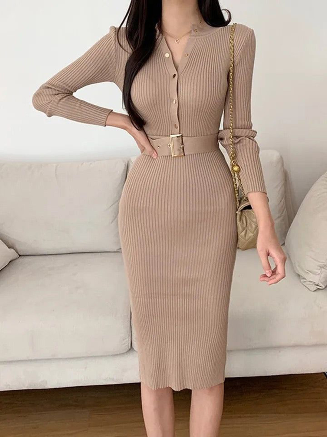 Miss Mosa By Akanksha  Women Brown Serra Premium Woolen Midi Dress