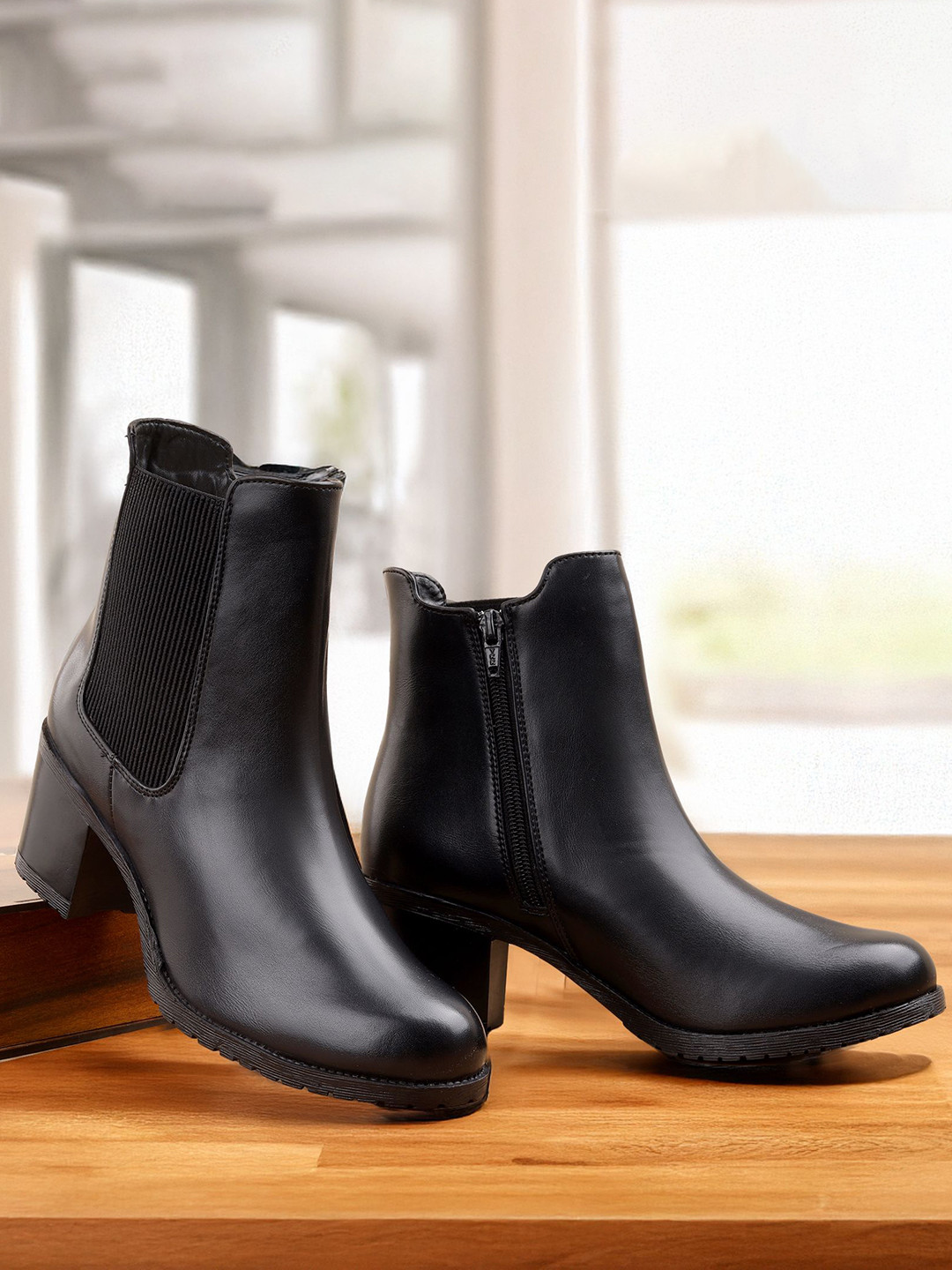 Bxxy Women Chelsea Block-Heel Slip-on Boots with Side Zipper Closure
