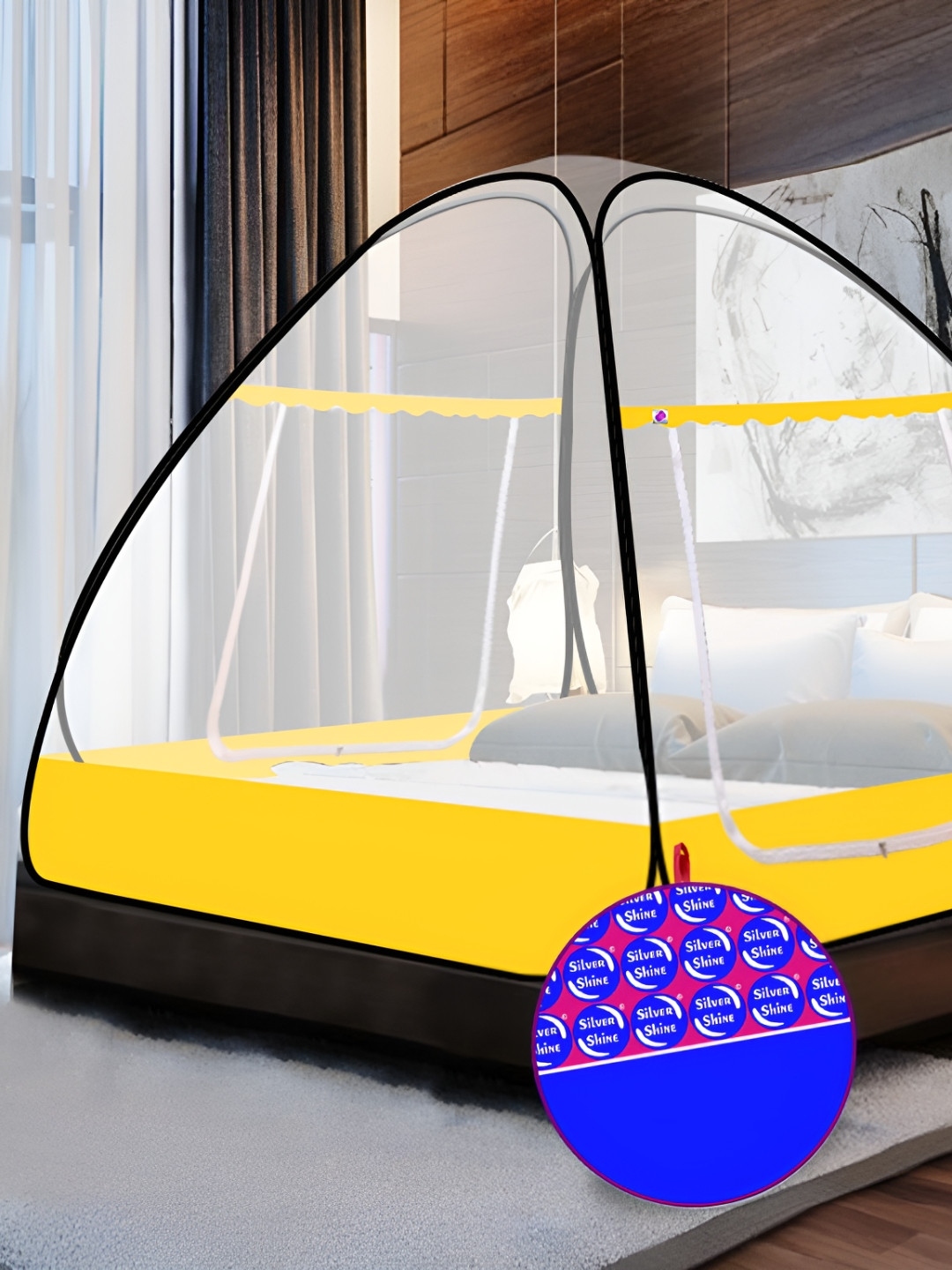 Silver Shine Yellow & White King Size Foldable Tent Mosquito Net with Bag