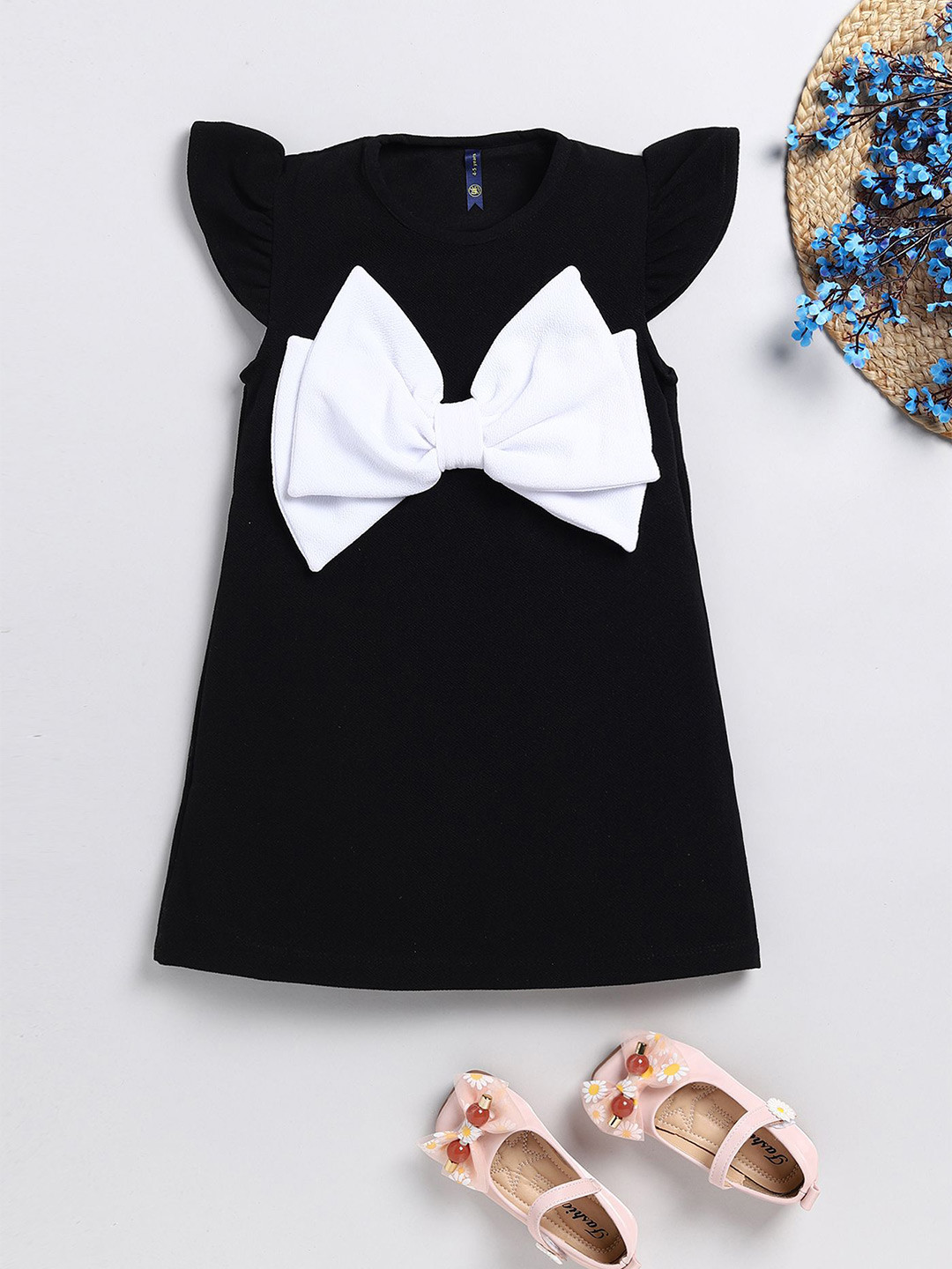 YK  Girls Front Bow Styles  Round Neck Solid Printed A-Line Dress