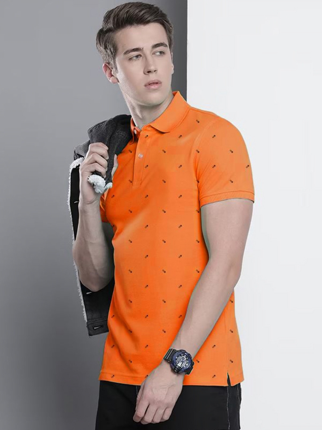 MERRIMENT Men Geometric Printed Polo Collar Cotton T-shirt