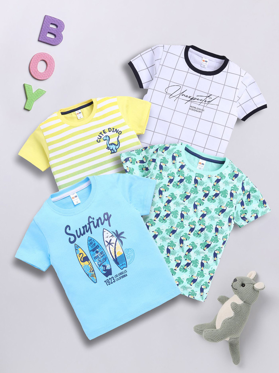 LITTLE NINJA Boys Pack Of 4 Graphic Printed Round Neck Cotton T-shirts