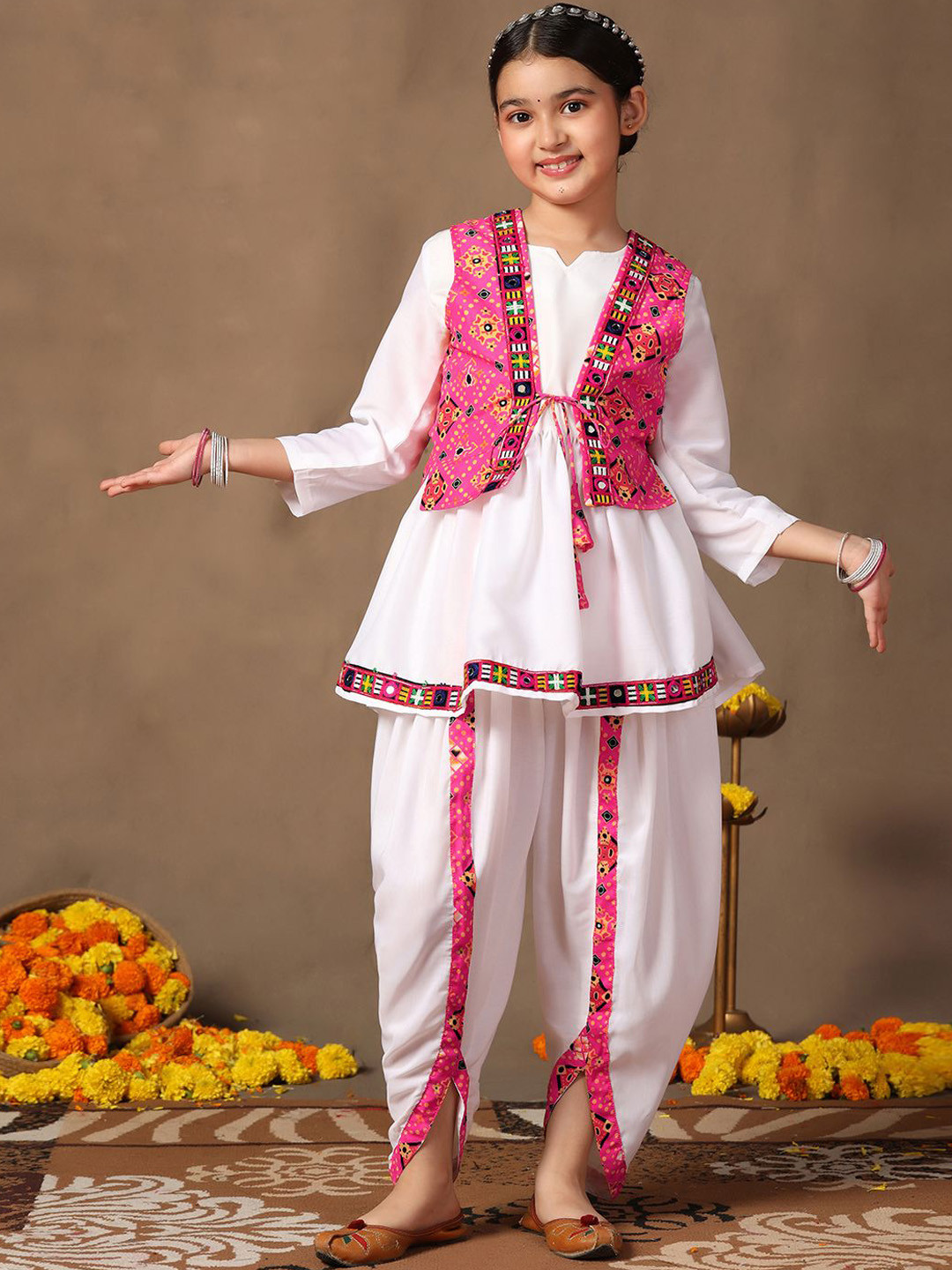 Sangria Girls Pink Ethnic Motifs Printed Notch Neck Kurti And Dhoti Pants With Waistcoat