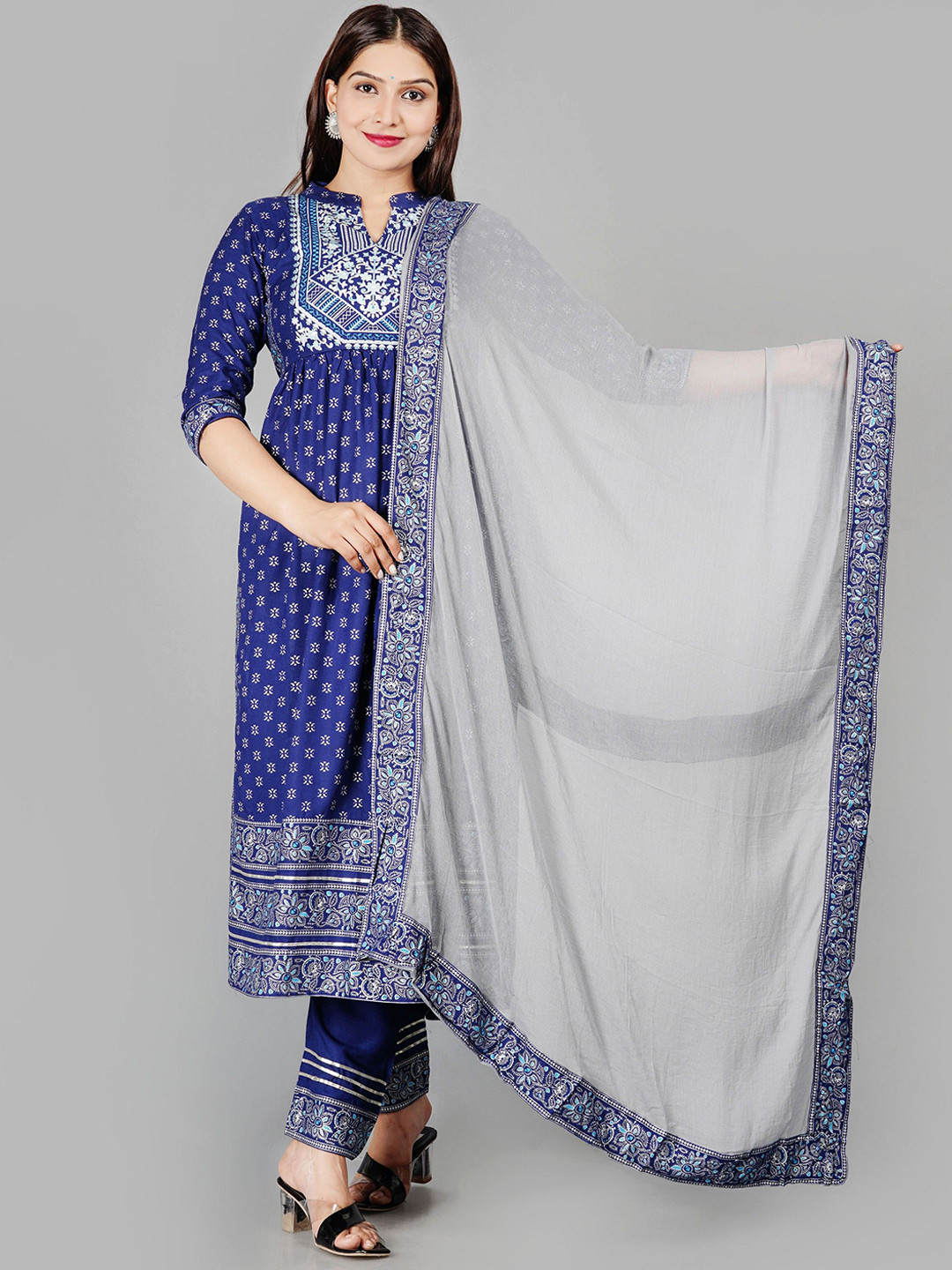 rf clothes Ethnic Motifs Printed Mandarin Collar Kurta With Trousers & Dupatta