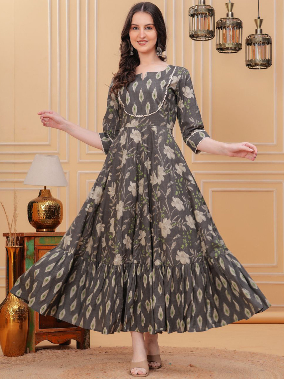 Da Vastraagaar Floral Printed Notch Neck Thread Work Cotton Maxi Gown Ethnic Dress