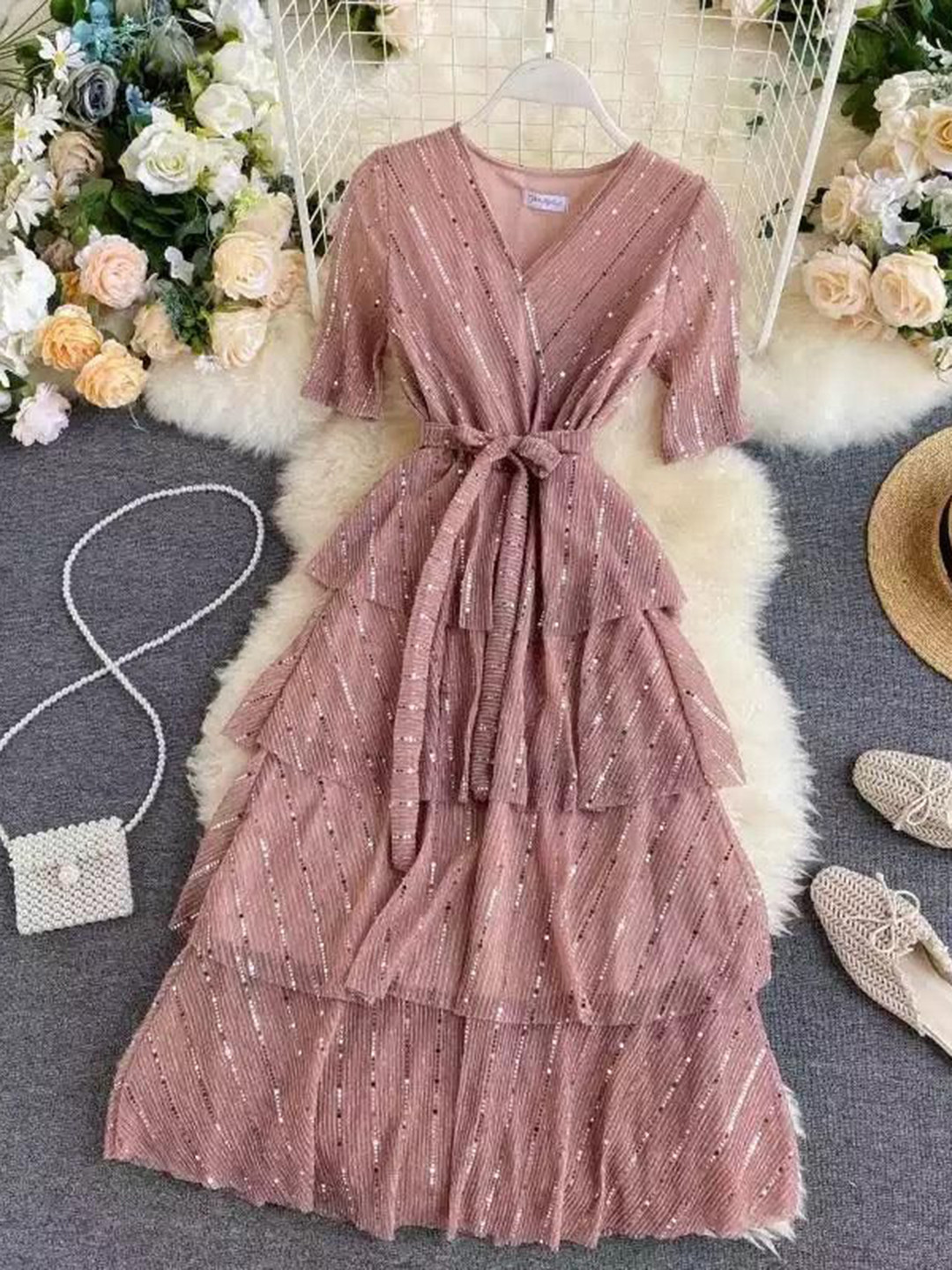 Miss Mosa By Akanksha  Women Peach Tiered Party Dress