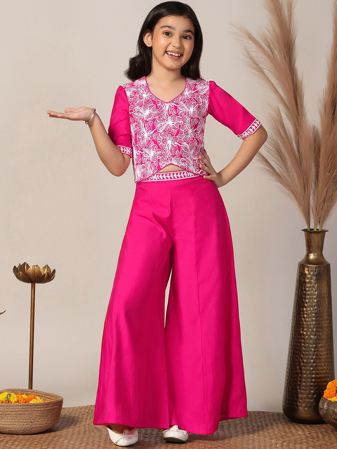 Sangria Pink & White Girls Floral Embroidered Crop Top With Palazzo