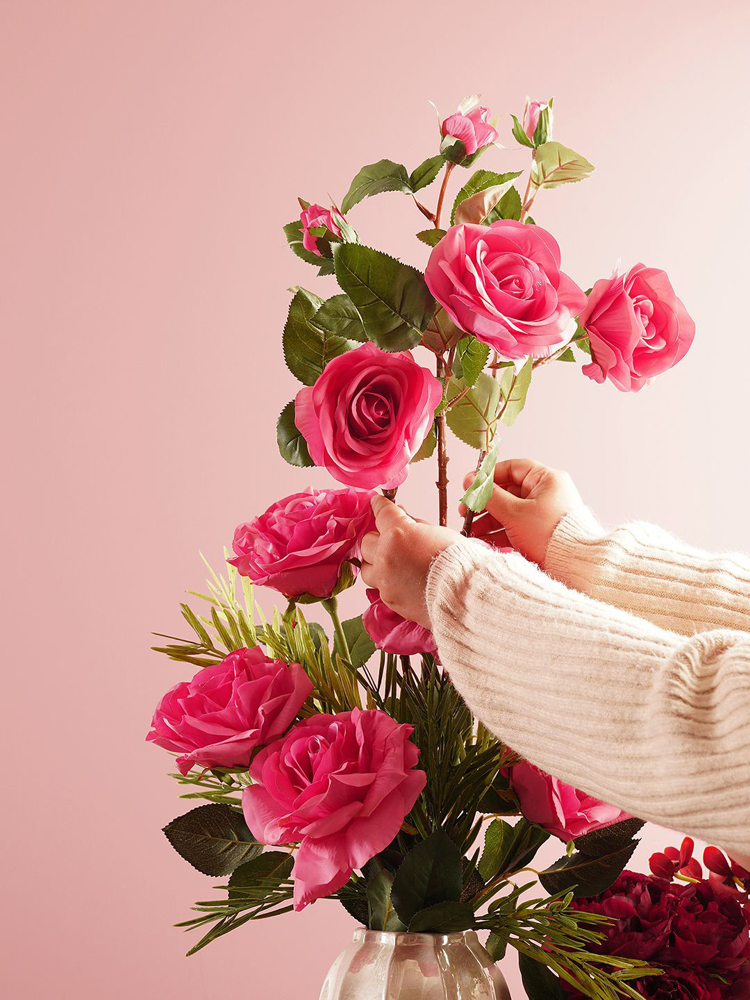 Pure Home and Living Pink & Green Rose Single Stem Artificial Flower