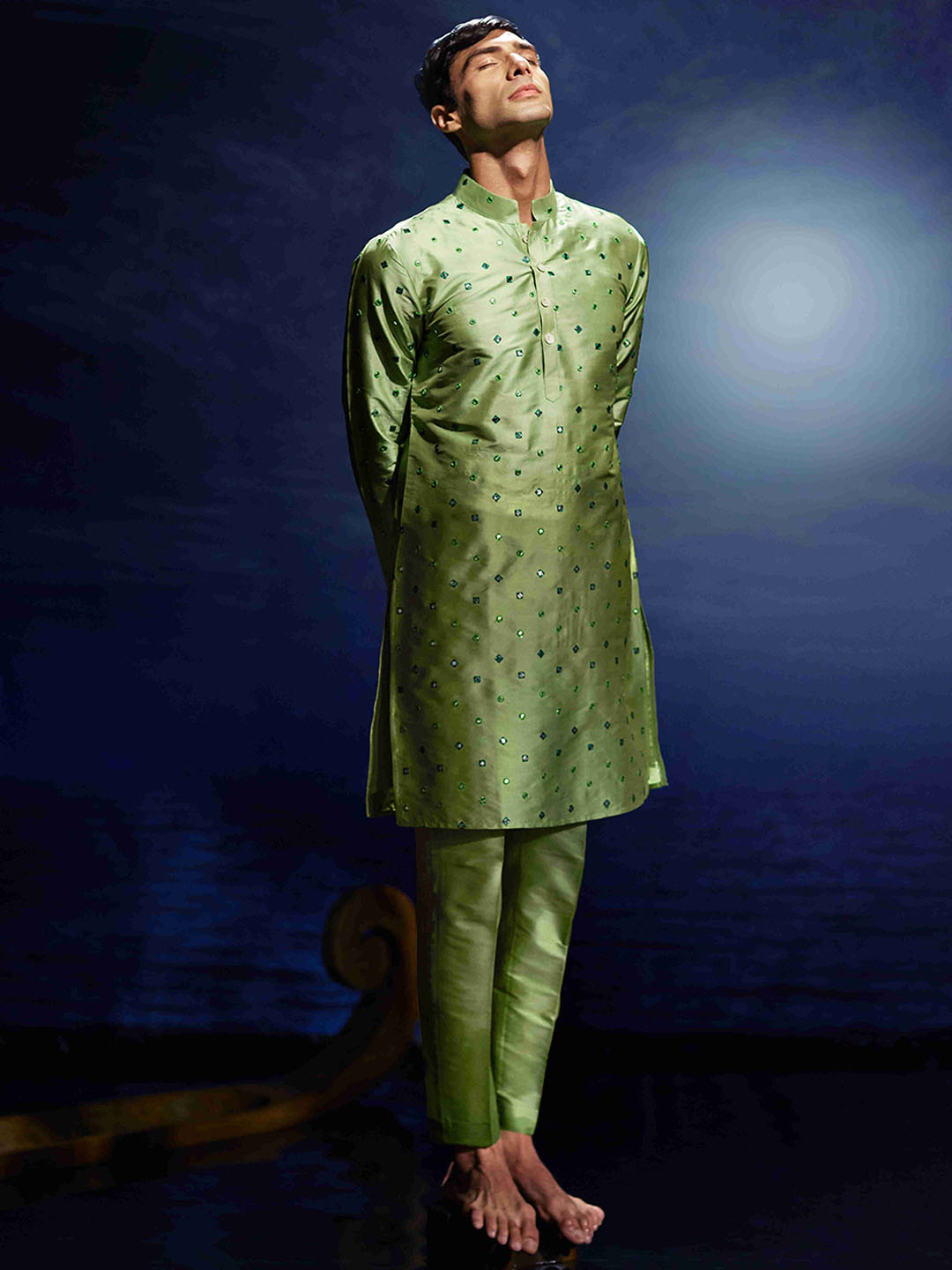 Eleven Brothers Geometric Embroidered Mirror Work Styraight Kurta With Trousers