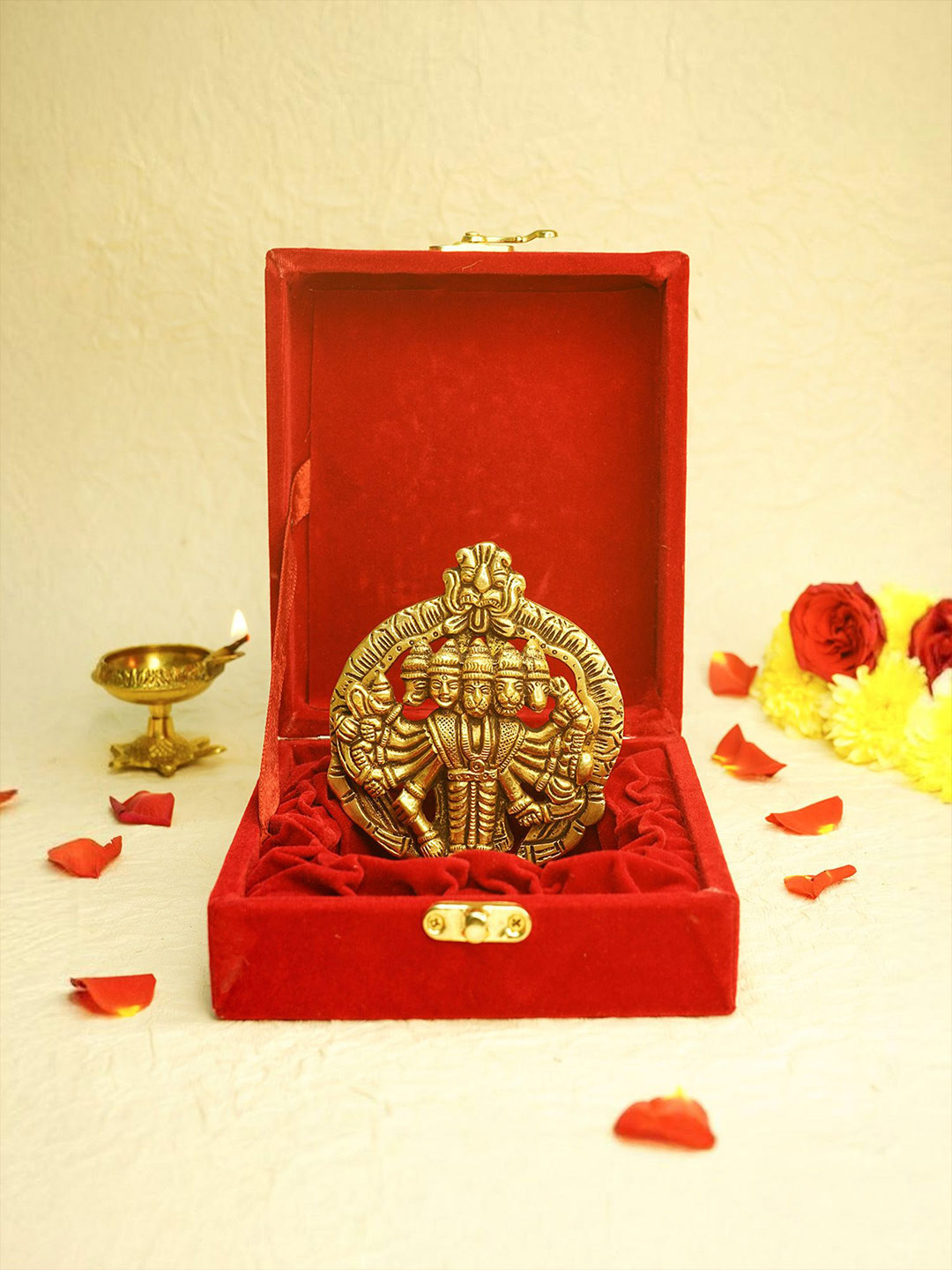 Ekhasa Panchmukhi Hanuman Gold Brass Metallic Prayer Room Tiny Showpiece - 1.8 Inches