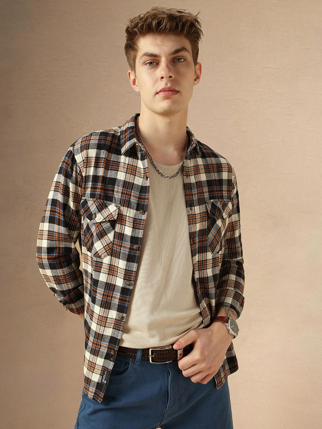 Dennis Lingo Tartan Checked Flannel Weave Relaxed Fit Pure Cotton Casual Shirt