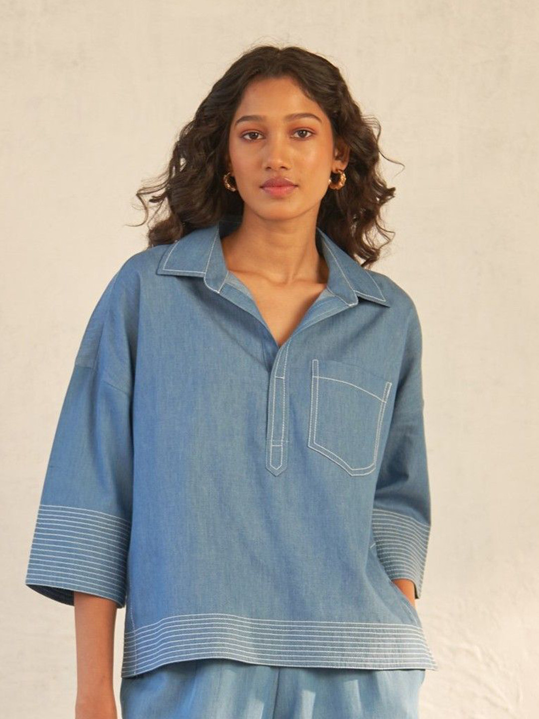 Canoopi Women Solid Shirt Collar Cotton Top