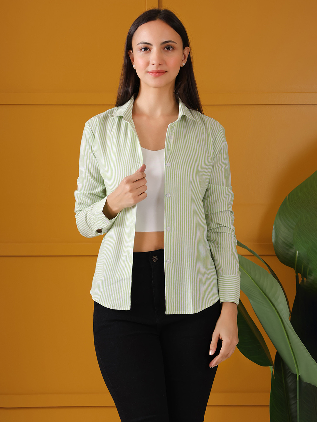 Swaggish Women New Fit Spread Collar Vertical Striped Cotton Casual Shirt
