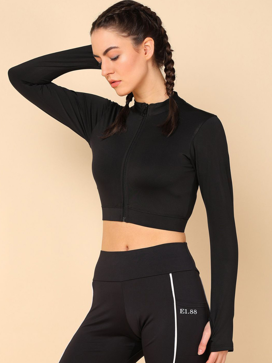 E1.88 Women High Neck Thumb Hole Sleeves Crop T-shirt
