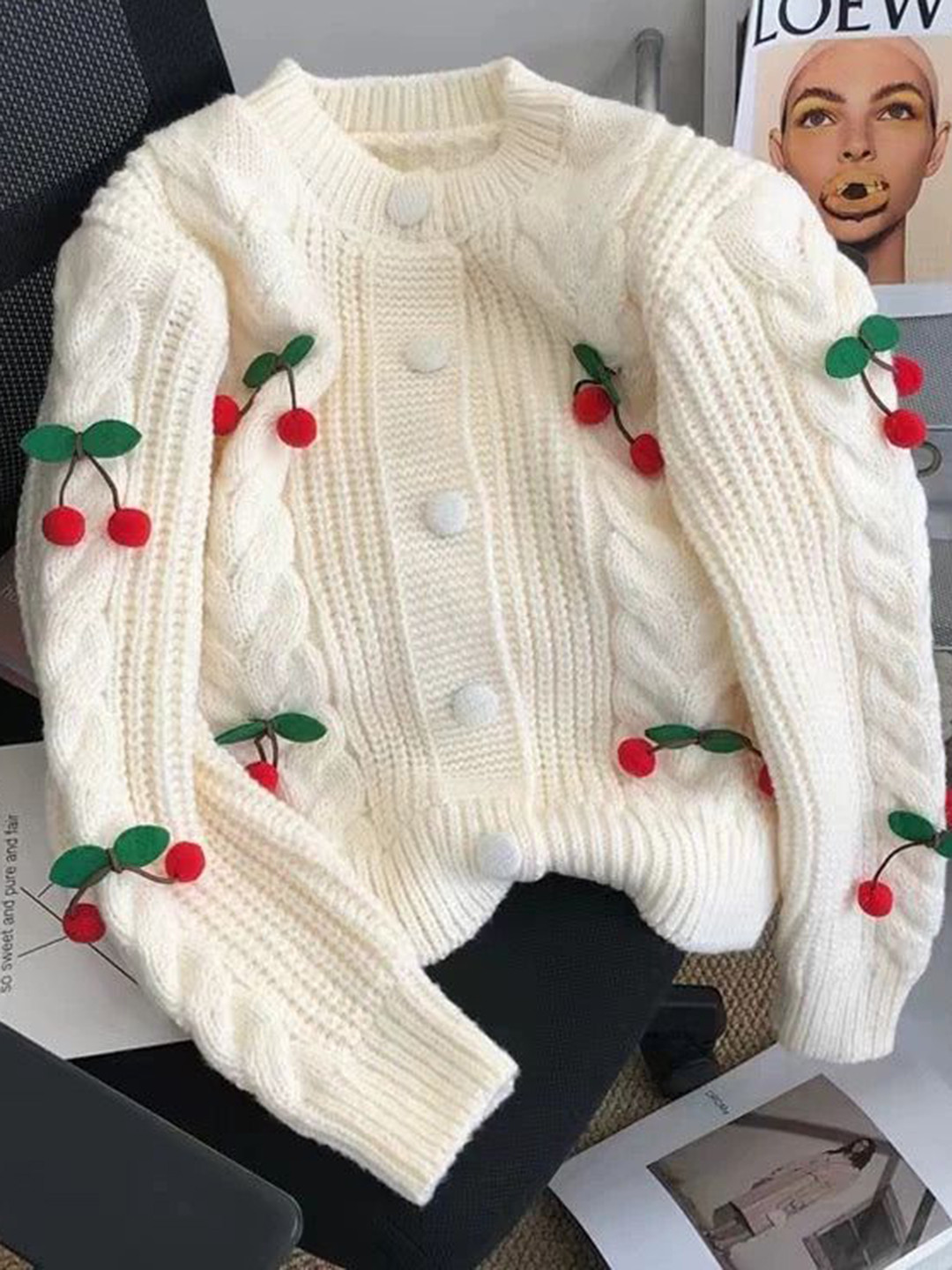 Miss Mosa By Akanksha  Women Beige Alaine Statement Woolen Sweater with Cherry Detail