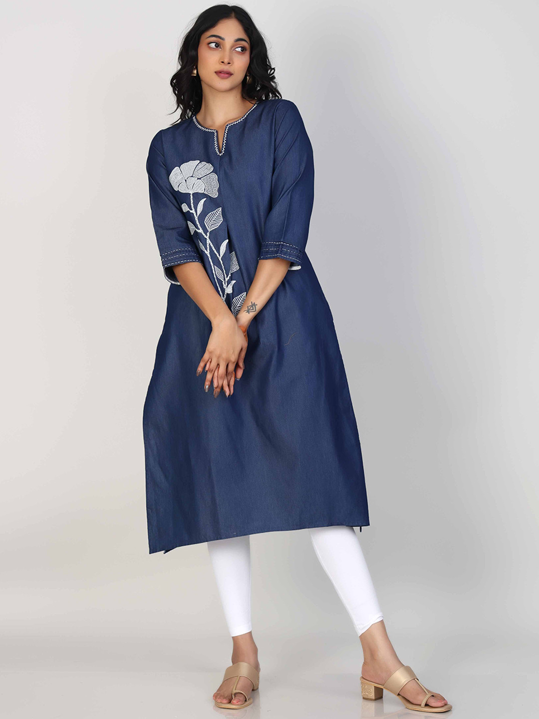 Hassu's Thread Work Mandarin Collar Denim A-Line Kurta